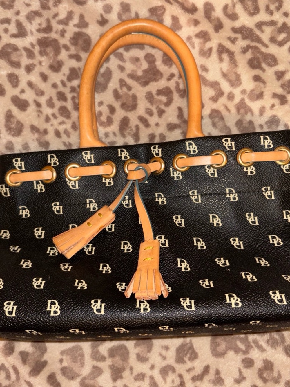 Dooney & Bourke Black Logo Tote with Tan Trim and Tassels